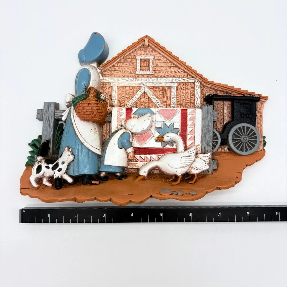 Vintage Amish Farm Scene Wall Hanging Barn Quilt Geese Rustic Country Folk Art